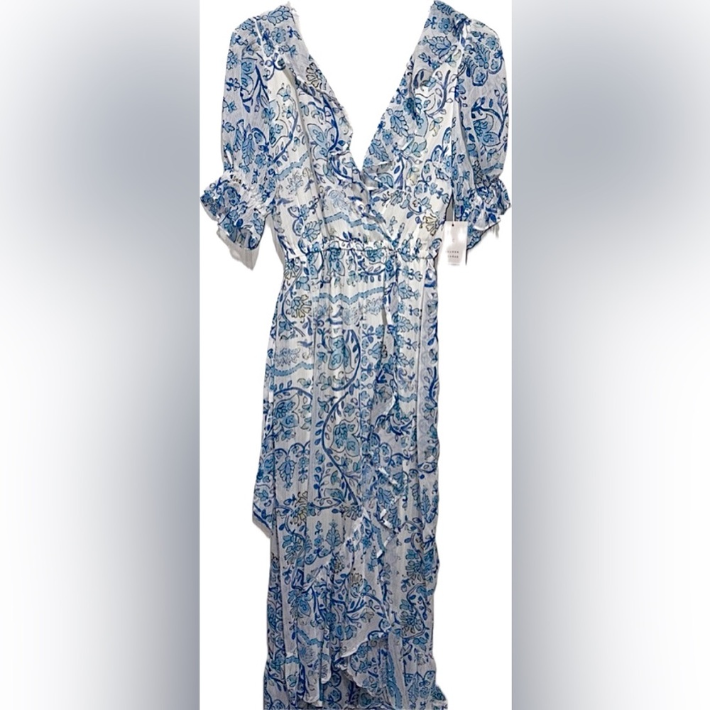 LC Lauren Conrad White and Blue Paisley Faux Wrap Maxi Dress
